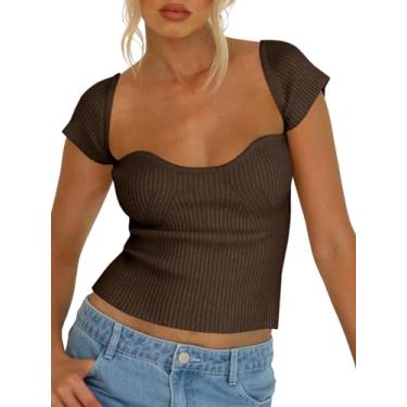 Imagem de Tankaneo Camisetas femininas de malha canelada com gola redonda e manga cavada casual, Marrom, M