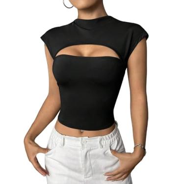 Imagem de SOFIA'S CHOICE Camiseta feminina recortada na frente, gola redonda, manga curta, Preto, GG