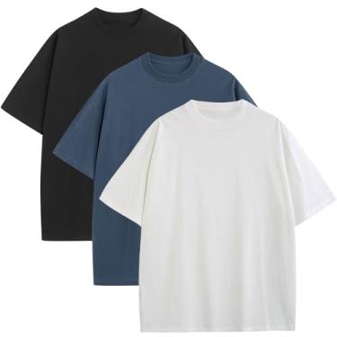 Imagem de Camisetas masculinas grandes modernas, folgadas, gola redonda, moda urbana, pesada, manga curta, academia, treino, Preto + branco + jeans azul, G