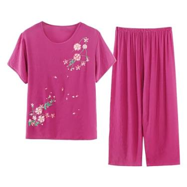 Imagem de Roupas de verão femininas de algodão e linho, conjunto de 2 peças, manga curta, estampa floral, calças de treino, Roxa, G