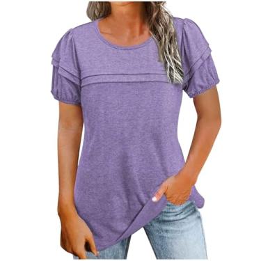 Imagem de Camiseta feminina básica franzida outono verão manga curta gola redonda caimento solto camiseta longa feminina 2024 Y2K, T-664 Roxo, P