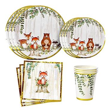 Imagem de YARA 96 peças de artigos de chá de bebê e festa de aniversário de animais da floresta para decoração de meninos e meninas com pratos de papel descartáveis, guardanapos e copos de criaturas da