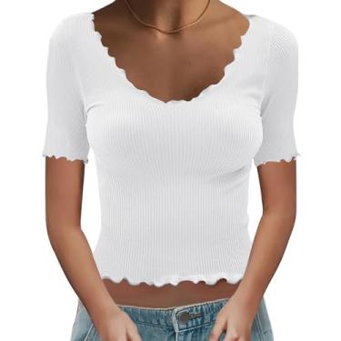 Imagem de KTILG Camisetas femininas curtas de manga curta com gola canoa e acabamento básico de alface com babados, Branco, PP