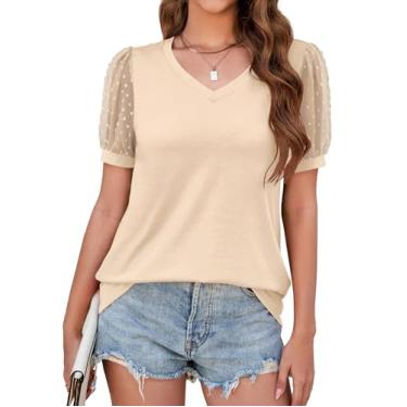 Imagem de Halife Camisetas femininas de verão com gola em V, manga bufante, blusas elegantes e casuais, Bege, M