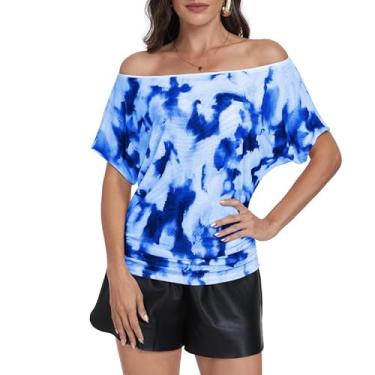 Imagem de Camisetas de verão com estampa de malha dupla de lantejoulas de manga curta, ombros de fora, com glitter, blusa brilhante e caimento solto, Estampa azul, G