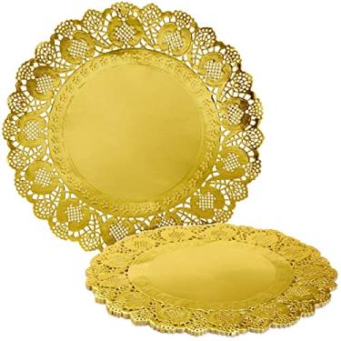 Imagem de Paper Doily – Embalagem com 60 jogos americanos redondos de renda de papel para bolos, sobremesas, exibição de petiscos assados, ideal para casamentos, decoração de eventos formais, decoração de mesa, ouro – 30 cm de diâmetro