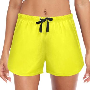 Imagem de CHIFIGNO Shorts femininos de pijama com bolsos, calça lounge feminina, shorts de pijama fofos com cintura elástica, P-2GG, Amarelo, M