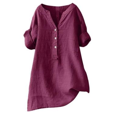 Imagem de Blusas femininas de linho de manga comprida de algodão, casual, solta, gola Henley, cor sólida, túnica rodada, Vinho, 4XG