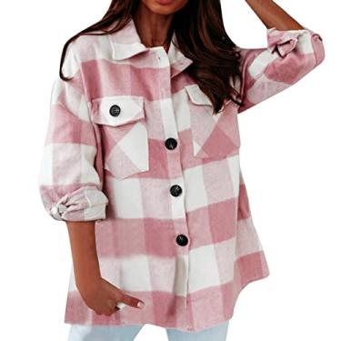 Imagem de Blusa feminina xadrez de flanela, camisa de botão de lapela, jaqueta de manga longa grande casual, rosa, GG