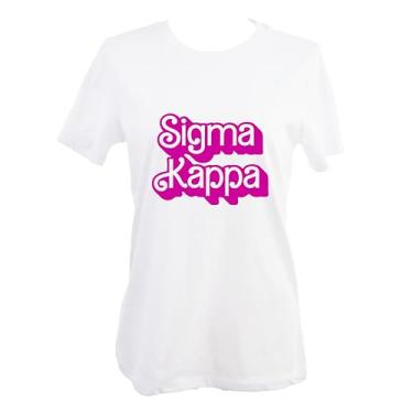 Imagem de Camiseta Sigma Kappa - Ajuste relaxado feminino, camiseta branca, com estampa rosa retrô Dolly Font Sigma Kappa, Branco, M