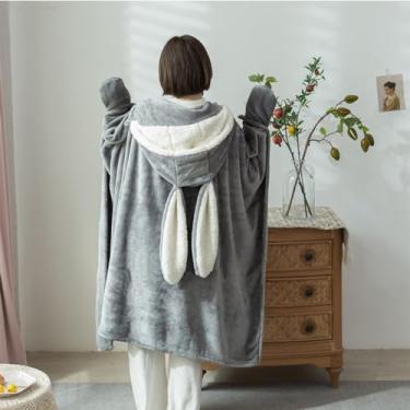 Imagem de Cobertor Com Capuz, Cobertor Vestível, Cobertor Com Capuz Vestível, Cobertor Com Capuz de Orelha de Coelho de Pelúcia de Poliéster, Cobertor Macio e Quente Com Capuz para