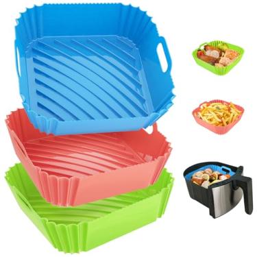 Imagem de 3 peças de forros de silicone para fritadeira a ar quadrados, 4-7 QT 8,6 polegadas reutilizáveis Air Fryer Silicone Pot Forno Bandeja de apoio, cesta de silicone Air Fryer Basket Silicone Mat Bowl Air Fryer Acessórios Utensílios de cozinha