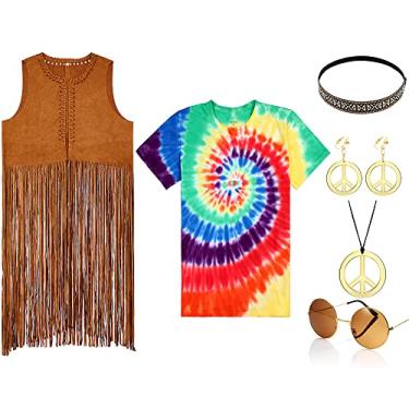 Imagem de Hillban 6 peças de roupas femininas dos anos 60 e 70 para fantasia hippie de Halloween, camisetas tie dye, colete com franja, acessórios de sinal de paz, Multicolorido., M