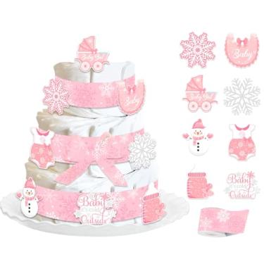 Imagem de Cheerupp Kit de decoração de bolo de fraldas de floco de neve rosa de inverno para chá de bebê, fitas estampadas de floco de neve, 5 metros, cartões externos para bebê, revelação de gênero,