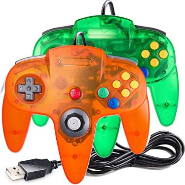 Imagem de Pacote com 2 controles USB N64 com fio, controlador joystick Miadore Classic N64 PC Gamepad para Windows, PC, Mac, Linux, Raspberry Pi 3 (verde/laranja)