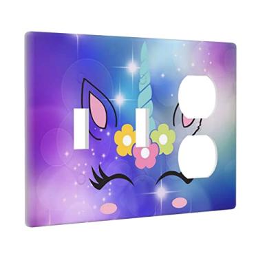 Imagem de Unicórnio roxo combinação 2 interruptores de luz duplex interruptor de luz placa decorativa de parede 3 grupos para receptáculo elétrico decoração de quarto de meninas crianças design duplo