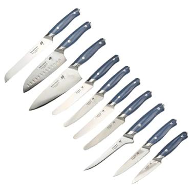 Imagem de Conjunto de facas de chef Sensei 10 peças, 1 conjunto de facas profissionais afiadas para chefs – Alto carbono, 67 camadas, conjunto de facas de aço azul alemão, cabo ergonômico, para uso em cozinha multiuso – Restaurantware