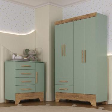 Imagem de Quarto Infantil Guarda Roupa 4 Portas e Cômoda Catavento Rodial, Verde