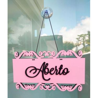 Imagem de Placa Arabesco Enfeite Decorativo Aberto / Fechado  Mdf Rosa com Cordã