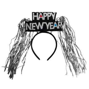 Imagem de Tiara de Reveillon Happy New Year Feliz Ano Novo com Franjinha Metalizada Acessório Comemoração Festa Fim de Ano