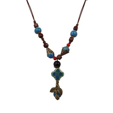 Imagem de MINACHI Colar longo de contas de cerâmica coloridas Lariat de folha, boho hippie joias vintage presentes para mulheres, Zinco, Sem Pedra Preciosa