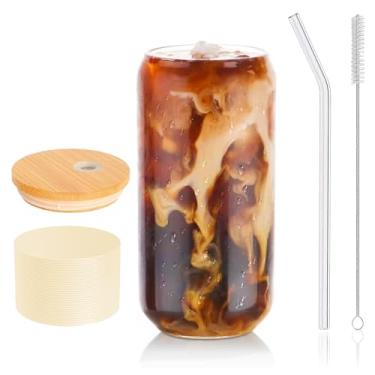 Imagem de DAMCONME Copo de vidro com tampa e canudo 1 pacote, copo de vidro para café gelado, smoothie, cerveja, coquetel, suco, tampa de bambu Matcha-473 ml, 1 pincel (amarelo claro)