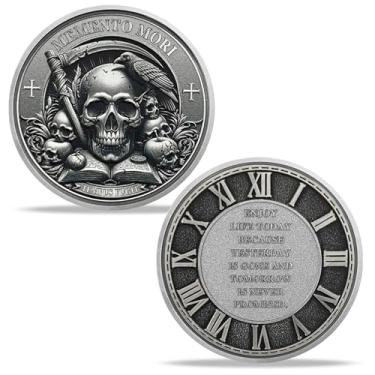 Imagem de A Foice da Morte Momento Moeda Mori Corvos Crânio Moeda 3D Crânio Relógios Stoic Cion Cool Silver Challenge Coins EDC Medalhão Lembrete Token Presentes diários estoicos para homens e mulheres