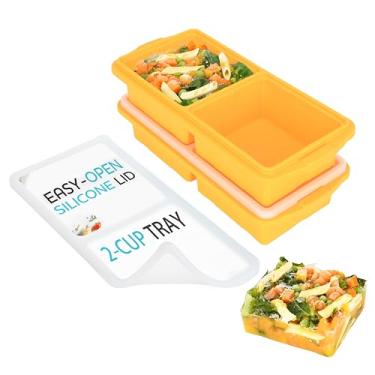 Imagem de Xomoo bandeja de freezer de silicone com tampa - moldes de recipiente para freezer de sopa - bandeja de cubos de gelo extra grande de 2 xícaras - faz 4 cubos de porções perfeitos de 500 ml,