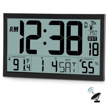 Imagem de SZELAM Relógio de parede digital atômico com luz de fundo, relógio de parede digital grande de 38 cm, relógio digital grande com dia, data e temperatura, umidade, operado por bateria, relógio de