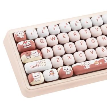Imagem de COOMICKEY Teclas PBT Perfil MOG Cute Cat 60 75 100 por cento, 140 teclas marrom branco Kawaii, conjunto de teclas personalizadas para teclado Cherry Gateron MX Switchs