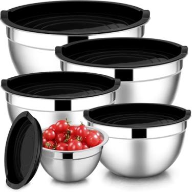 Imagem de Conjunto de 5 Bowls Tigelas de Inox com Tampa Plástica Kit