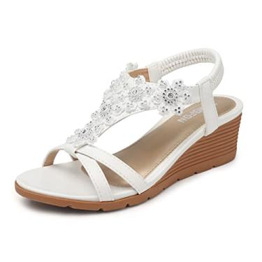 Imagem de TEMOFON Sandálias femininas com cunha baixa: cunhas abertas de verão - Plataforma elegante casual com tira elástica no tornozelo - Sandálias florais de strass confortáveis, 25 - Branco, 40