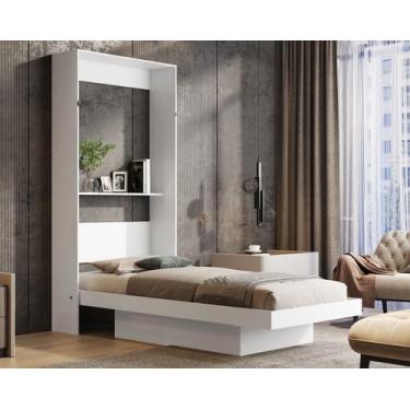 Imagem de Cama Solteiro Articulada de Parede Cor Branca Vira Nicho Prateleira De