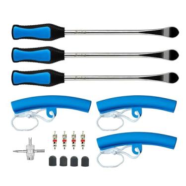 Imagem de ZERINT Kit de ferramentas de reparo TT-115-15, ferros de pneu azuis de 7,6 x 29,2 cm, 3 protetores de aro azul, 4 núcleos de válvula, ferramenta de válvula de 4 vias, 4 tampas de válvula de pneu