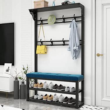 Imagem de Árvore de corredor 3 em 1, cabide de entrada com banco de sapatos e prateleiras organizadoras de sapatos, suporte de árvore para hall de entrada, móveis de destaque industrial com moldura de metal e