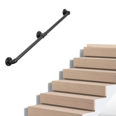 Imagem de Corrimão de escada de tubo industrial, trilho de metal montado na parede para degraus internos e externos, ferro galvanizado preto, estilo fazenda vintage, suporte resistente para escadas e varanda