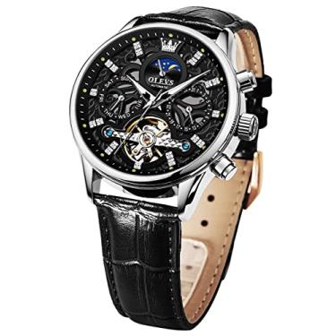 Imagem de OLEVS Relógio masculino de pulso mecânico luxuoso, automático, com pulseira de couro, casual, fase da lua, luminoso, à prova d'água, Couro preto e rosto preto,
