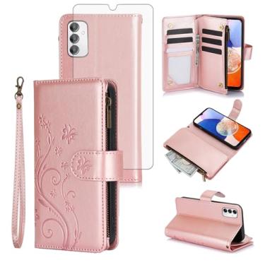Imagem de Asuwish Capa de celular para Samsung Galaxy A14/M14 5G carteira celular com protetor de tela de vidro temperado alça de pulso flor flip zíper porta-cartão slot suporte A 14 4G 14 A 14 M G5 mulheres