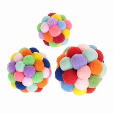 Imagem de Mbeysaq Bola colorida feita à mão, sino de gato, bola de brinquedo de pelúcia para cães, gatos, filhotes, pequenos animais brinquedo de exercício interativo (P)