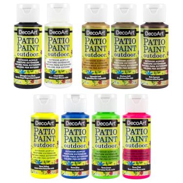 Imagem de DecoArt Conjunto de tintas para pátio externo – 9 cores neon e metálicas (frascos de 59 ml) – Tintas à prova de intempéries ao ar livre para jardim, pátio e projetos criativos de bricolage