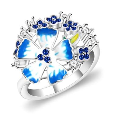Imagem de Tobestu Anel de lótus azul esmaltado flor design joias - anéis inspirados na natureza banhados a ouro branco para mulheres YB4671, 10, Pedra, Zircônia cúbica