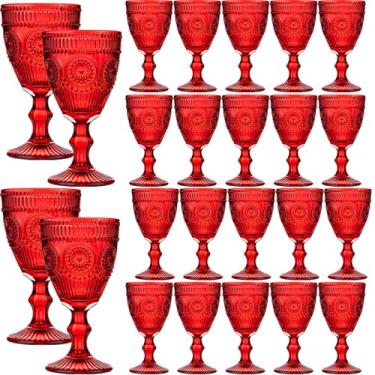 Imagem de Conjunto de 24 peças de taças de vinho vintage vermelhas, taças de água de vidro colorido de 293 ml, padrão floral exclusivo em relevo, vidro de haste alta transparente, para festa de casamento, bar