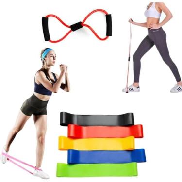 Imagem de Kit Elástico Extensor Para Exercicio E Conjunto 5 Faixa Elastica Thera Band Treino Em Casa Ginastica Fisioterapia Yoga