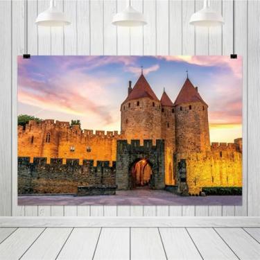 Imagem de ZJRBJB 3 x 2,4 m Carcassonne Pano de fundo de fortaleza medieval castelo medieval cenário pôr do sol França fundo arquitetura histórica França viagem retrato photoshoot adereços