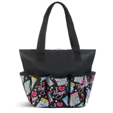 Imagem de Bingo Innovation Bolsa Tote Preta Com Estampa Estilosa I Love Bingo, 10 Bolsos Para Marcadores, Marcadores E Acessórios, Portátil Zíper Amantes Jogadores - Adultos Idosos (Preta)