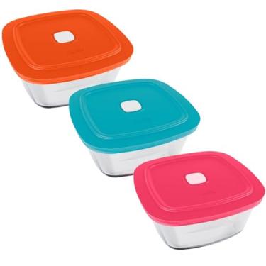 Imagem de Kit 3 Tigelas Quadradas 2L Marinex Pote de Vidro Temperado com Tampa Plástica Cores Sortidas.