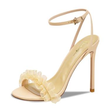 Imagem de Qunvngutui Sandálias femininas de salto alto de 9 cm, bico aberto, tiras com detalhe de flor de renda - Sapatos sociais de verão com salto agulha para casamento/festa, Nude., 36