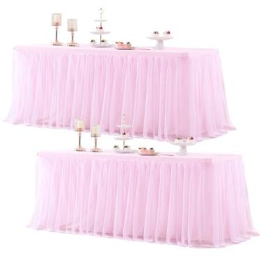 Imagem de Toalha de mesa de tule rosa para mesa retangular de 2,3 m, capa de saia de tule rosa claro para banquete de 2,4 m, toalhas de mesa de casamento para chá de bebê, tutu com babados, saia para festa, chá