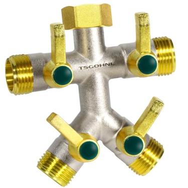 Imagem de TSGOHNL Divisor de mangueira de jardim de latão resistente, torneira externa resistente ao congelamento e ao sol, válvula de 4 vias, niquelada para resistência à ferrugem, 3/10.2 cm GHT (ouro)