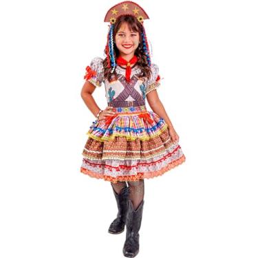 Imagem de Fantasia Maria Bonita Infantil de Luxo Com Saia Rodada Armada Vestido Festa Junina Cangaceira com Lenço (Bege, G 7-9)